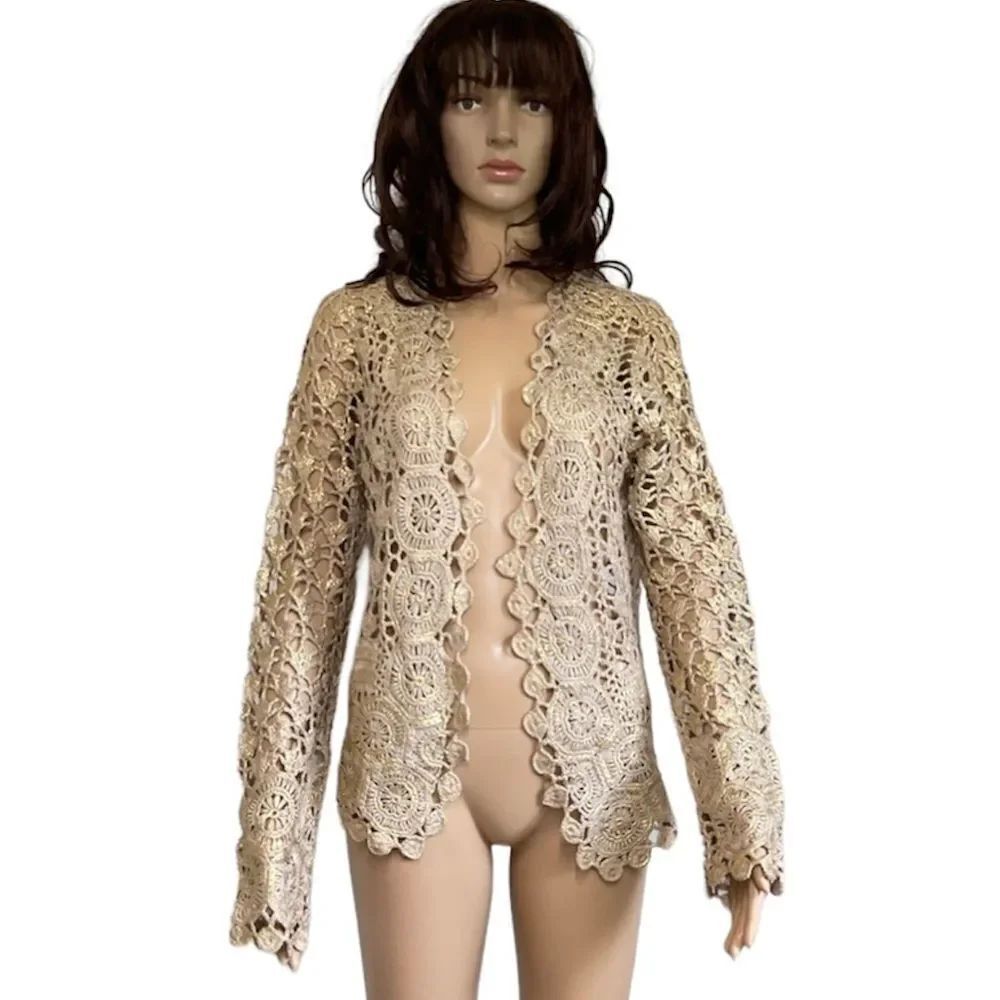 Tan Gold Metallic Y2K Handmade Crochet Long Sleeve Open Front Cardigan M